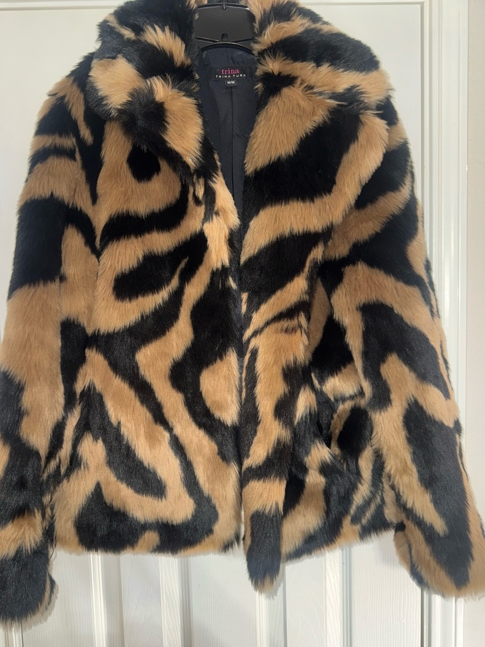 Trina Turk Black and Tan Faux-Fur Animal Print Jacket